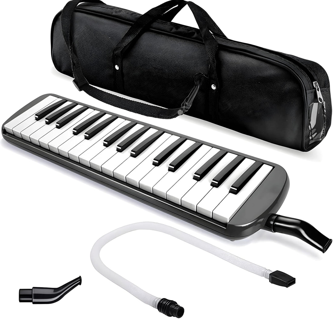 Melodica 32 Keys Mini Air Piano Blow Organ Keyboard Flute with Mouthpiece + Extension Hose & Carry Case (Black)