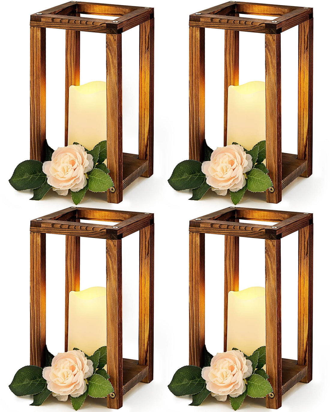 8 Pcs Wooden Candle Lantern Set Includes 4 Rustic Wedding Centerpieces for Tables Farmhouse Wooden Candle Holder and 4 Flameless Decorative LED Candles for Rustic Wedding Farmhouse Country Barn Decor