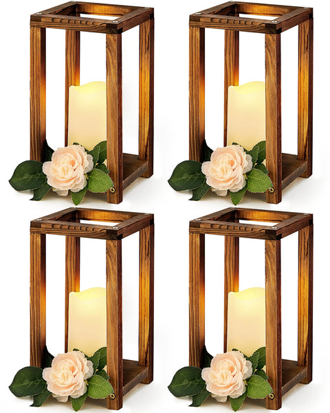 8 Pcs Wooden Candle Lantern Set Includes 4 Rustic Wedding Centerpieces for Tables Farmhouse Wooden Candle Holder and 4 Flameless Decorative LED Candles for Rustic Wedding Farmhouse Country Barn Decor