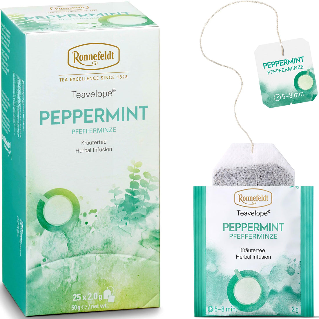 Ronnefeldt Teavelope Peppermint – Naturally Caffeine-Free Herbal Tea with Pure Peppermint – 25 Individually Wrapped Tea Bags