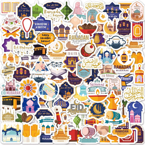 100 Pcs Ramadan & Eid Stickers, Glossy Vinyl, Tan, Colorful, Waterproof, Round, Indoor, Religion, Kids & Adults, Laptop, Skateboard, Scrapbook, Home Decorations, Gift Bags