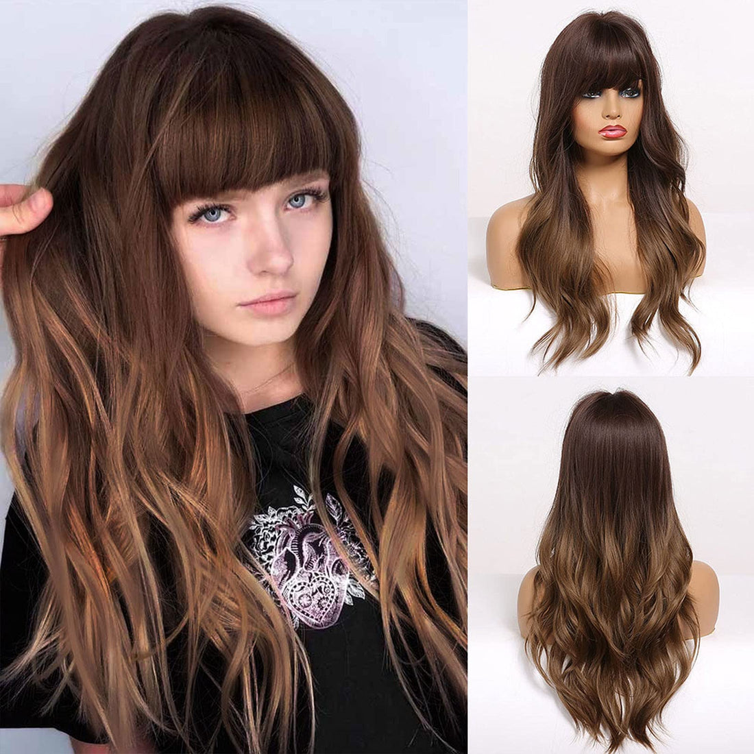 ECIF Long Brown Wigs For Women,Natural Wavy Hair Synthetic Wigs With Bang For Cosplady/Party/Daily (24 Inch, Ombre Brown)
