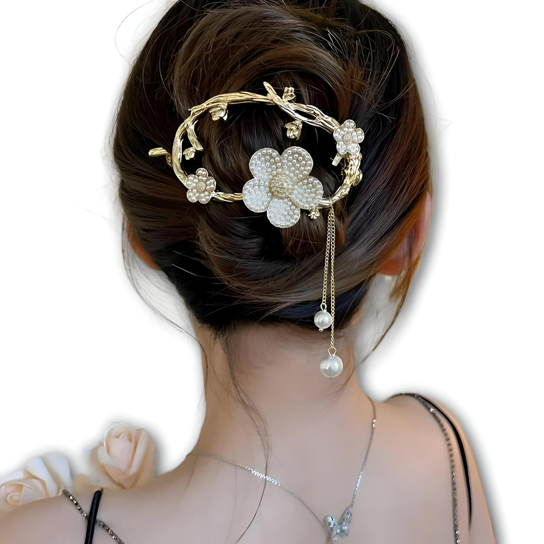 Crystal-Embellished Butterfly Hair Stick, Gold Metal, Pearl Drops, Traditional Asian Style - Sophisticated Hair Accessory (4model)