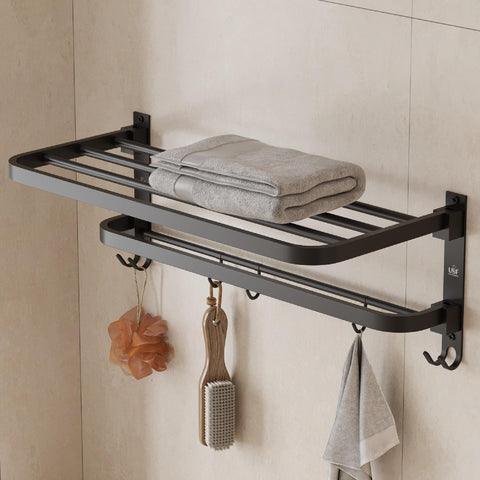 USF Bath Accessories 24 Inch 304 Grade Stainless Steel Double-Layer Folding Towel Rack for Bathroom, Strong Build & Space Saving Wall-Mounted Towel Hanger - Black Finish (Pack of 1)