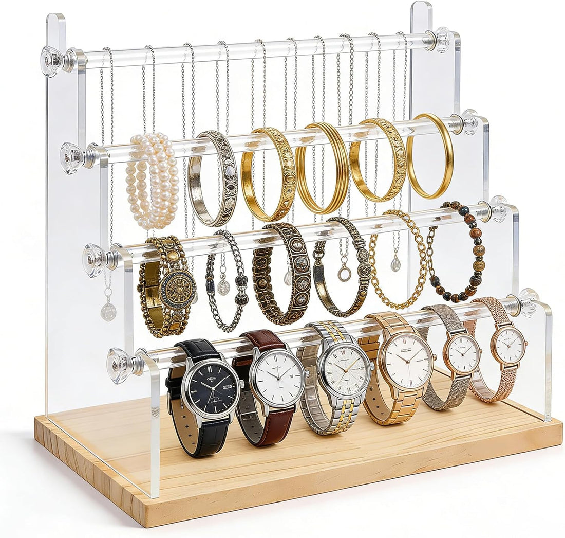 Best Media 4 Tier Bracelet Holder Stand with Wood Base, Acrylic Jewelry Organizer and Display for Necklaces, Bangles, Watches, Multi, Functional Jewelry Storage for Home and Store Display
