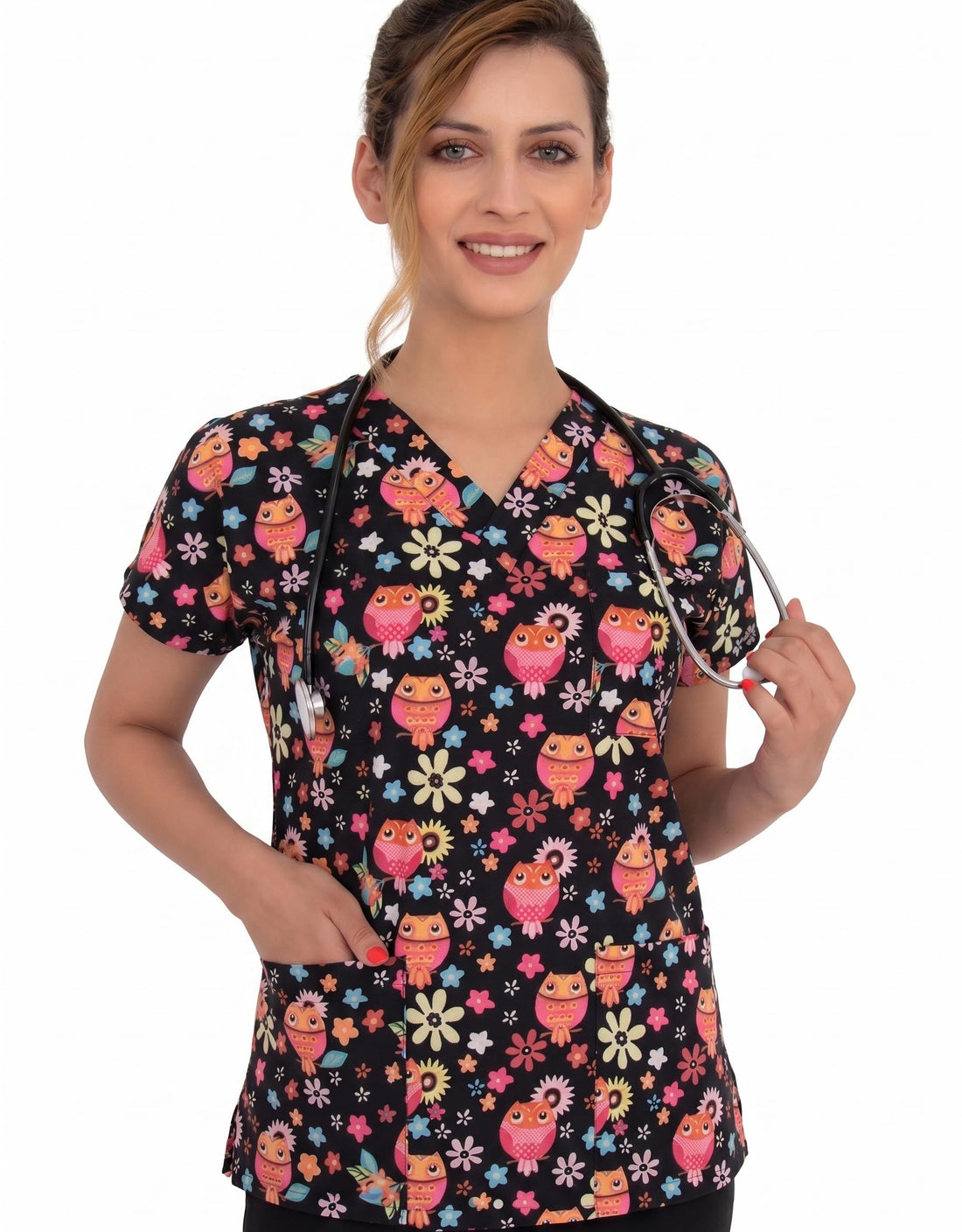 PINK OWL Medical Scrub printed Hospital unisex-dental - Surgical scrubTop only -half Sleevs - Doctor Scrub -Medical Uniform