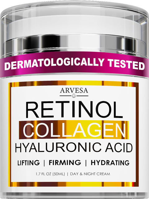 Arvesa Retinol Cream for Face - Facial Moisturizer with Collagen and Hyaluronic Acid - Hydrating Wrinkle Cream for Women and Men - Anti-Aging Day and Night Moisturizer For All Skin Types - Made in USA
