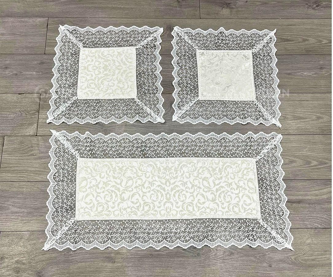 Lace Tablecloth Set, 3 Pieces, 40 x 40 cm Square Doilies and 90 x 45 cm Runner, White .flo