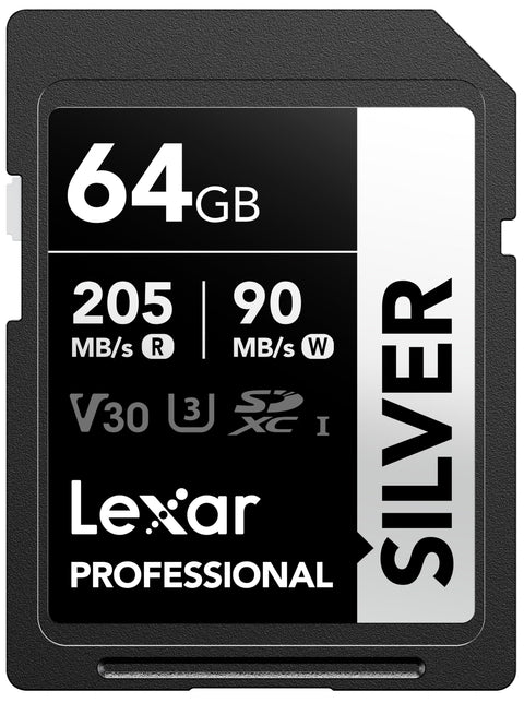 Lexar Professional SILVER SD Card 64GB, Up to 205MB/s Read, 140MB/s Write, SDXC UHS-I Memory Card, Class 10, U3, V30, SD Card for Professional Photographers, Videographers, Enthusiasts