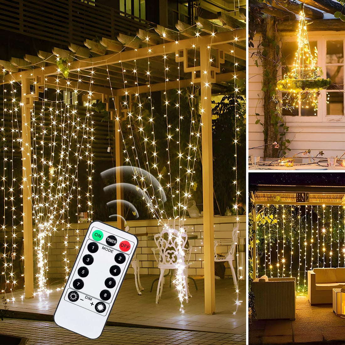 Fairy Lights, 300 LED Light Curtain Indoor 3 x 3 m, 8 Modes Fairy Lights Curtain with USB, Hanging Fairy Lights for Outdoor and Indoor, Warm White Strip Curtain for Wedding, Party, Wall, Christmas