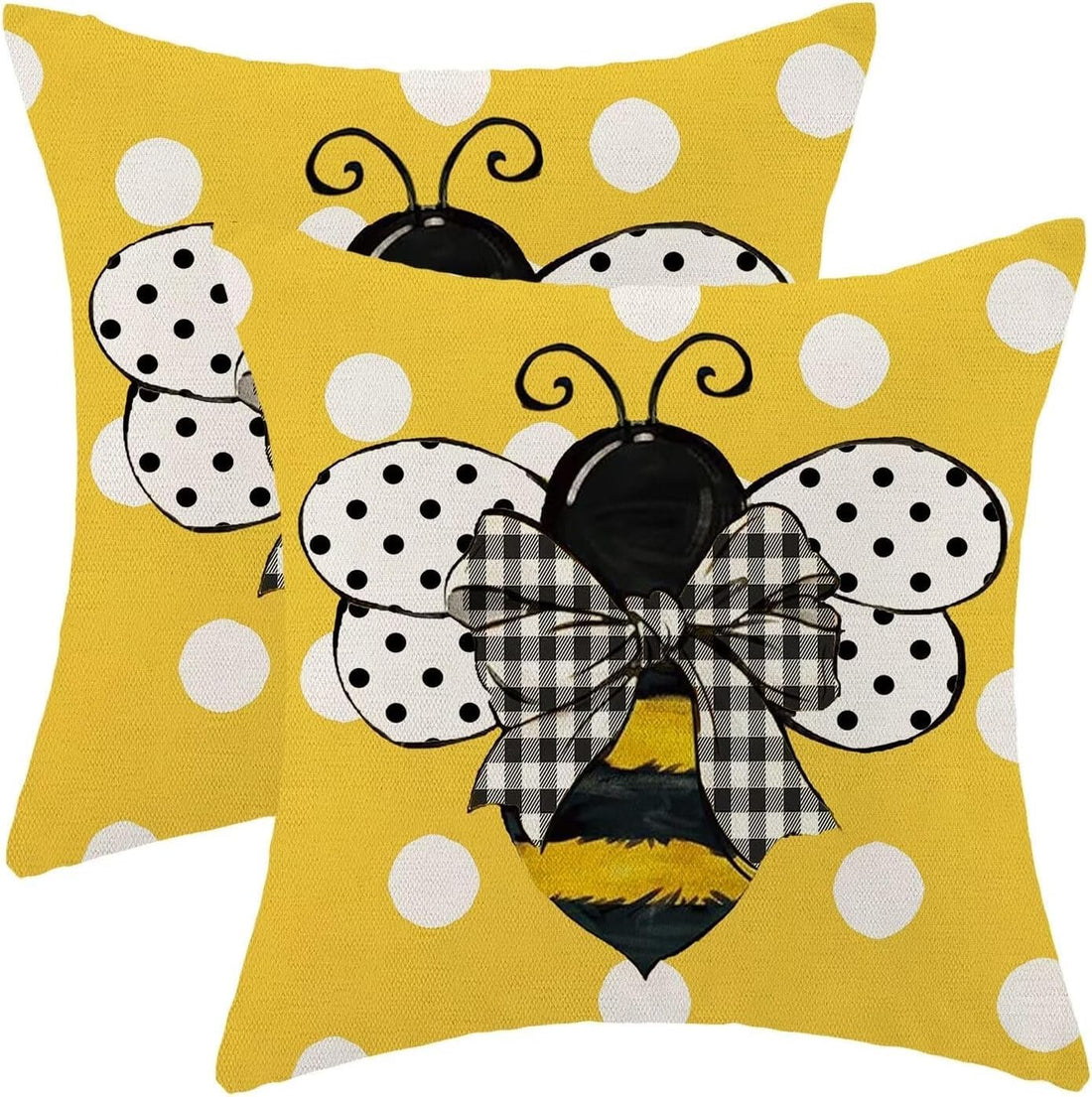 Yellow Bee Pillow Covers 18x18 Set of 2 Polka Dots Outdoor Decorative Throw Pillow Covers Summer Farmhouse Seasonal Linen Cushion Case for Home Sofa Couch Outdoor Decor