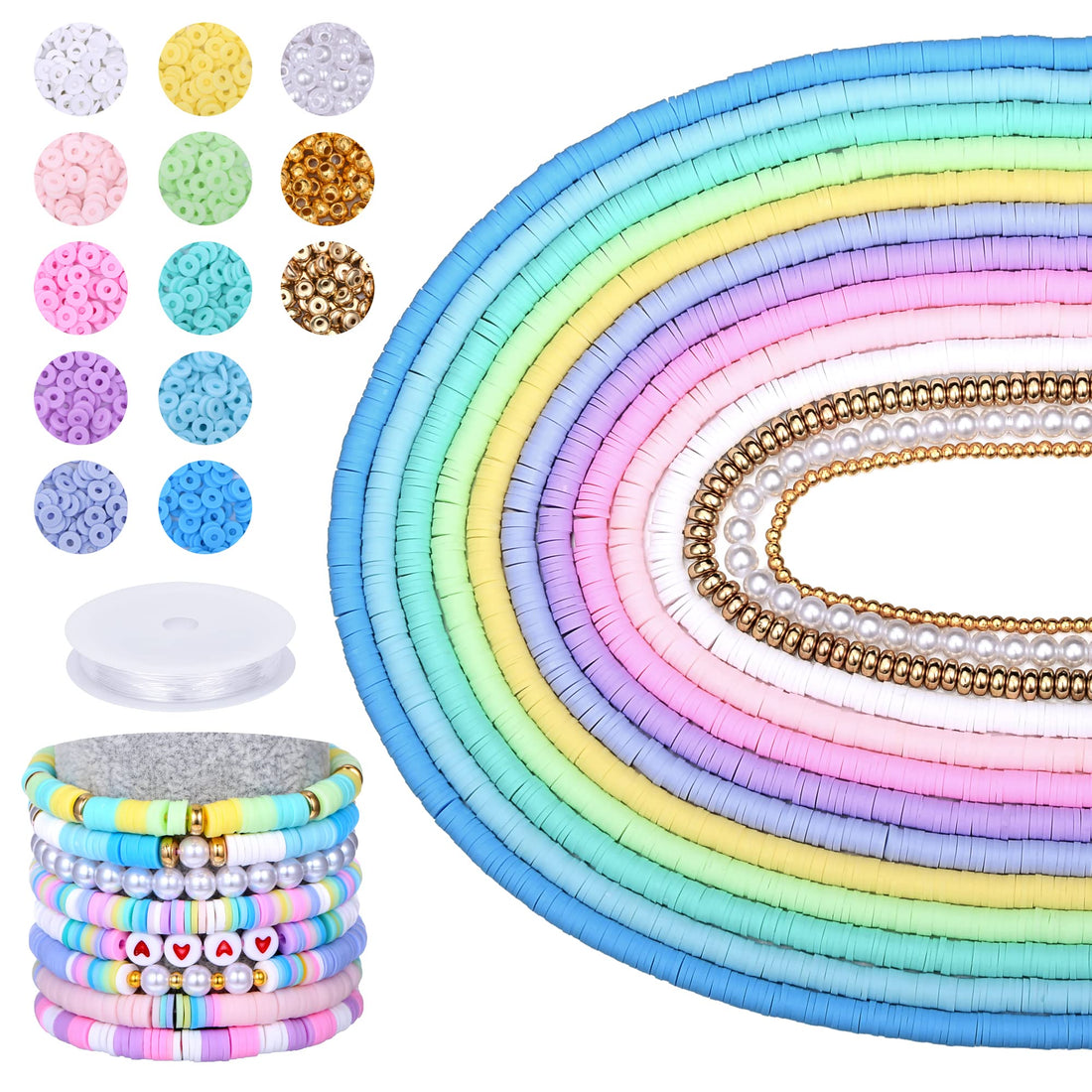 AceFun 3750PCS Clay Beads for Bracelets Making Polymer Clay Beads Kit with Pearl Beads Spacer Beads, Disc Heishi Beads Set for Jewelry Making Necklace Bracelet Earrings Finding, Macaroon Colors Mixed