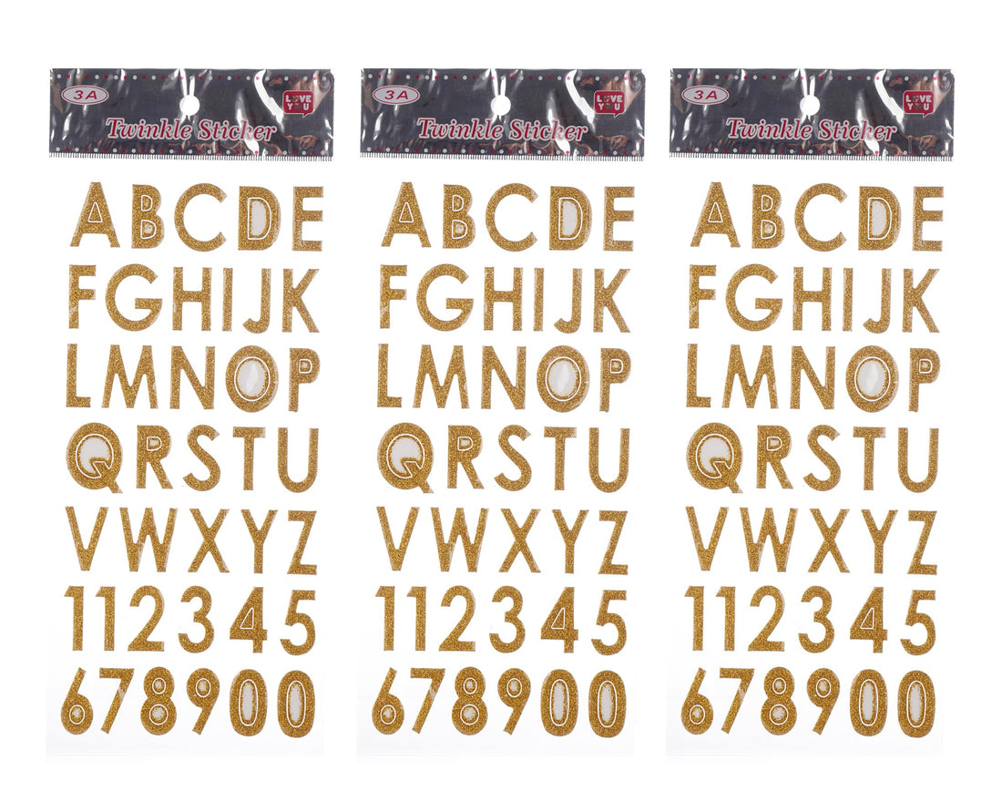 3A 3A-5118-Gold20 English Letters and Numbers Plastic Sticker Set of 3 Pieces For Kids - Gold 2240-3-2