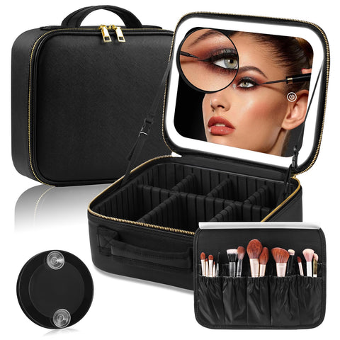 Travel Makeup Bag with LED Mirror,Makeup Case with Lighted Mirror 3 Color Setting,Waterproof Makeup Box with 10X Magnifying Mirror,Travel Makeup Organizer, Black(with Mirror), Regular, Classic