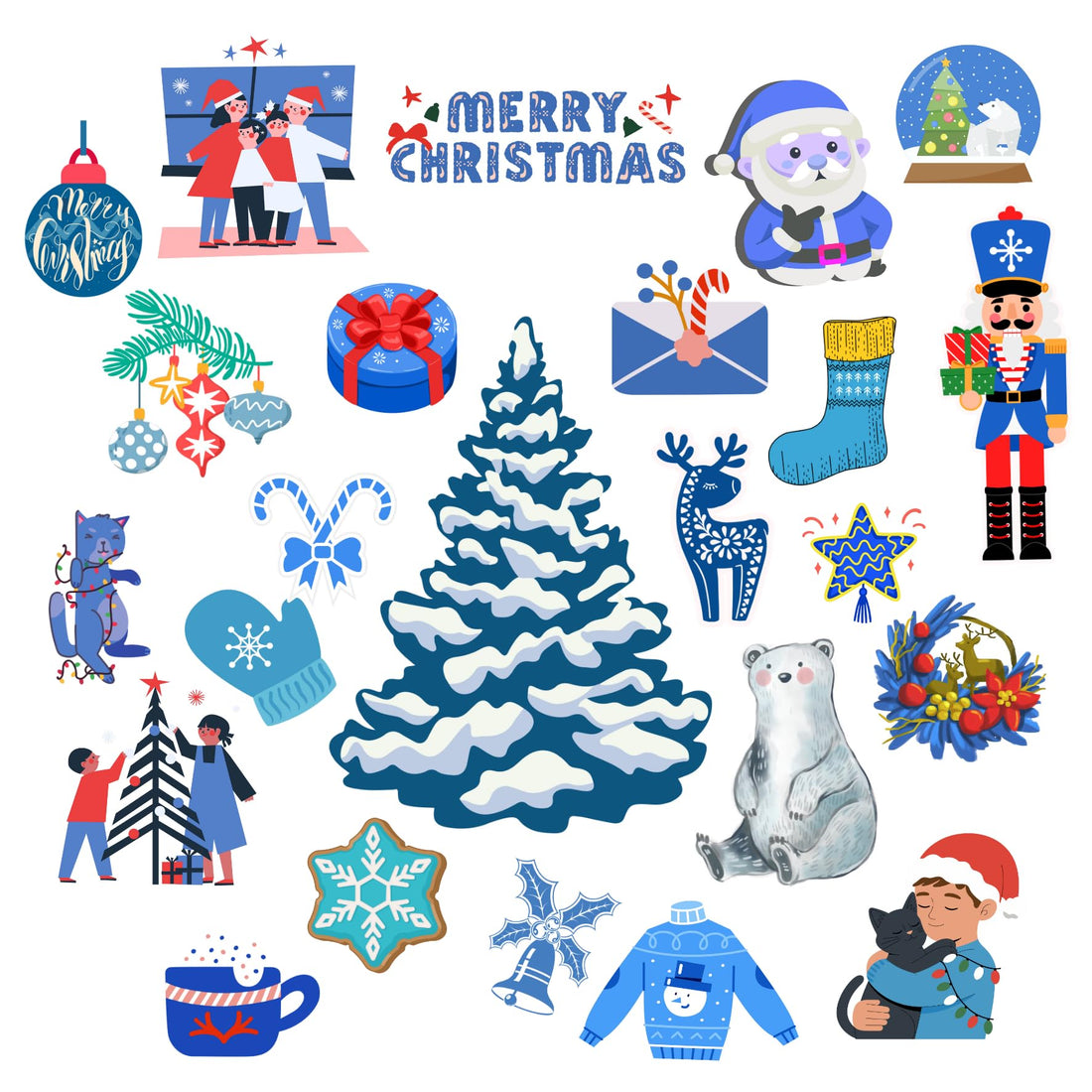 Scentiment 24 Pcs Blue Christmas Stickers â€“ Waterproof Holiday Decals with Santa, Tree, Cute Characters â€“ Removable Window & Decor for Kids Rooms, Living Rooms & Parties