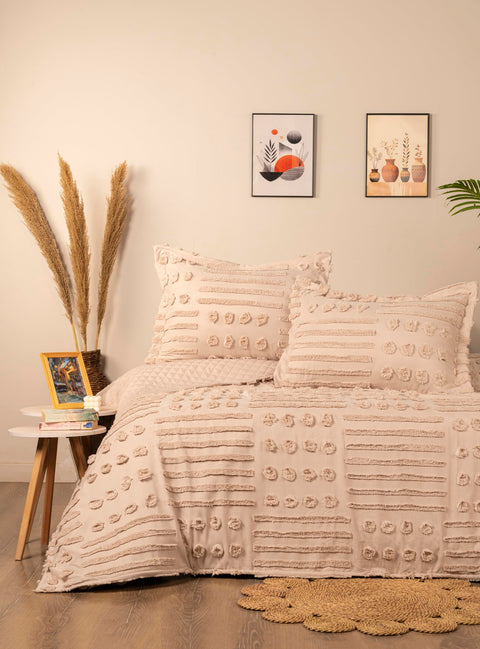 Microfiber Boho Gold Capitona Bed Coverlet with 2-Pillowcase, Beige
