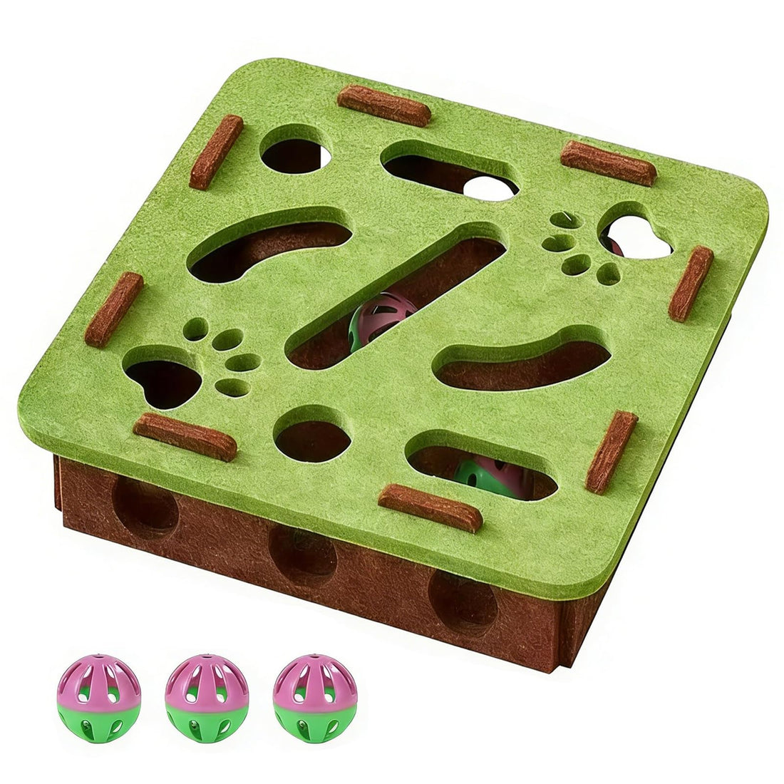 Interactive Cat Toy, Cat Puzzle Toy Mental Stimulation Box with 3 Balls Cat Puzzle Feeder Stimulates Natural Hunting Instincts Cat Nail File Enrichment Box for Indoor Cats Claw Care, Hunting (Square)