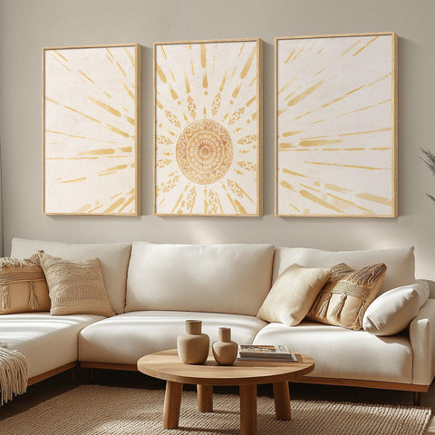 Boho Wall Decor, Neutral Framed Large Boho Sun Wall Art for Living Room, Set of 3 Piece Modern Minimalist Canvas Prints Paintings Artwork for Walls, Pictures for Hallway, Office Wall Decor - Big Size