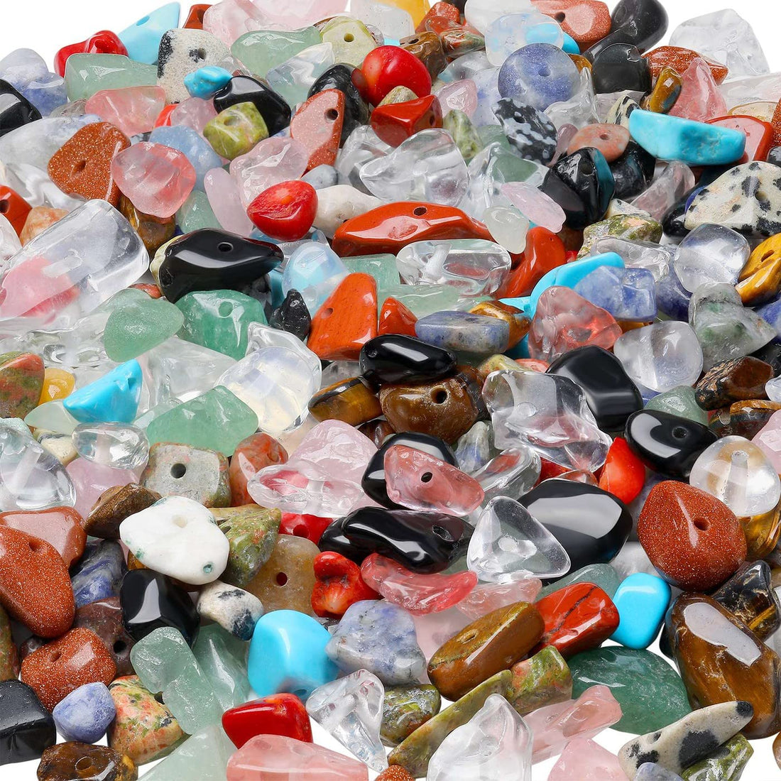 JAZZEEL Multicolor Natural Chip Stone Beads, 400-Piece Set of 5-8mm Irregular Healing Crystal Gemstones, Drilled Loose Rocks for Bracelet, Earring, and Necklace DIY Jewelry Making Crafts.