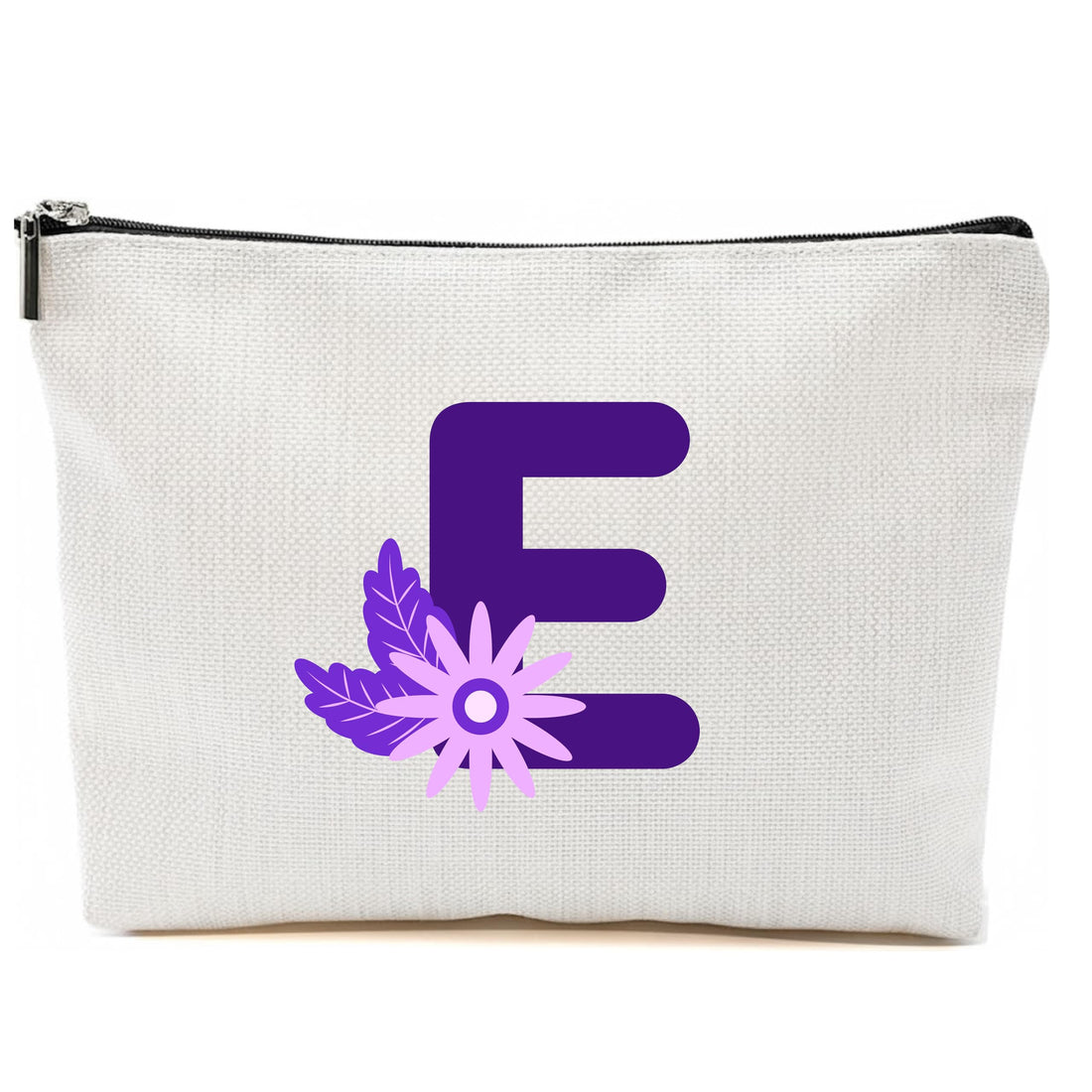 Personalized Initial Letter Makeup Bag, floral Initial Cosmetic Bag with Zipper Birthday Gifts for Women Girls, purple letter (E)