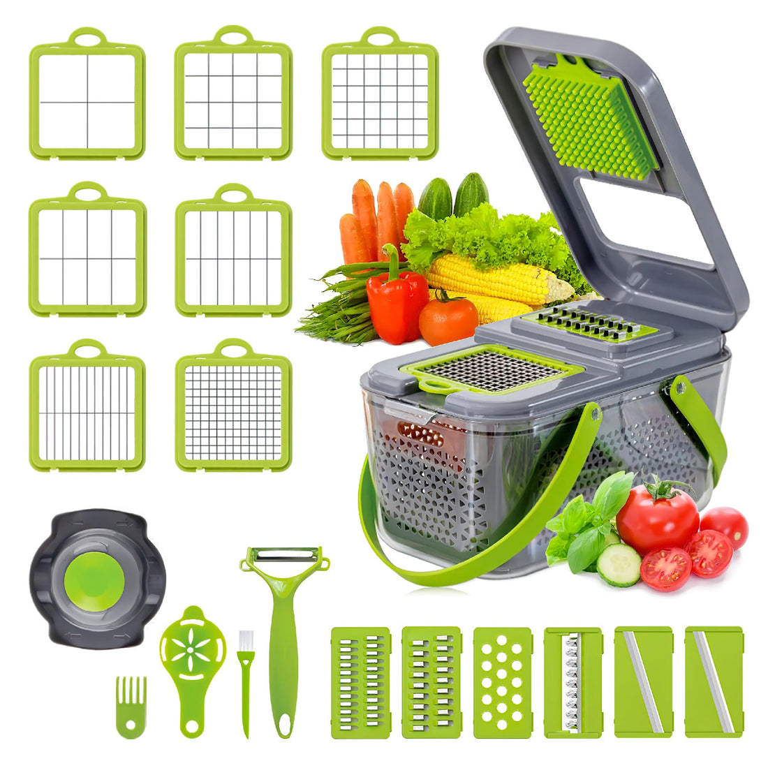 BAUZA 22 pieces Vegetable Chopper - Salad type vegetable slicer and cutter is spiralized in food this mandolin can chop onion type by hand also all kinds of fruits and vegetables in excellent for chef