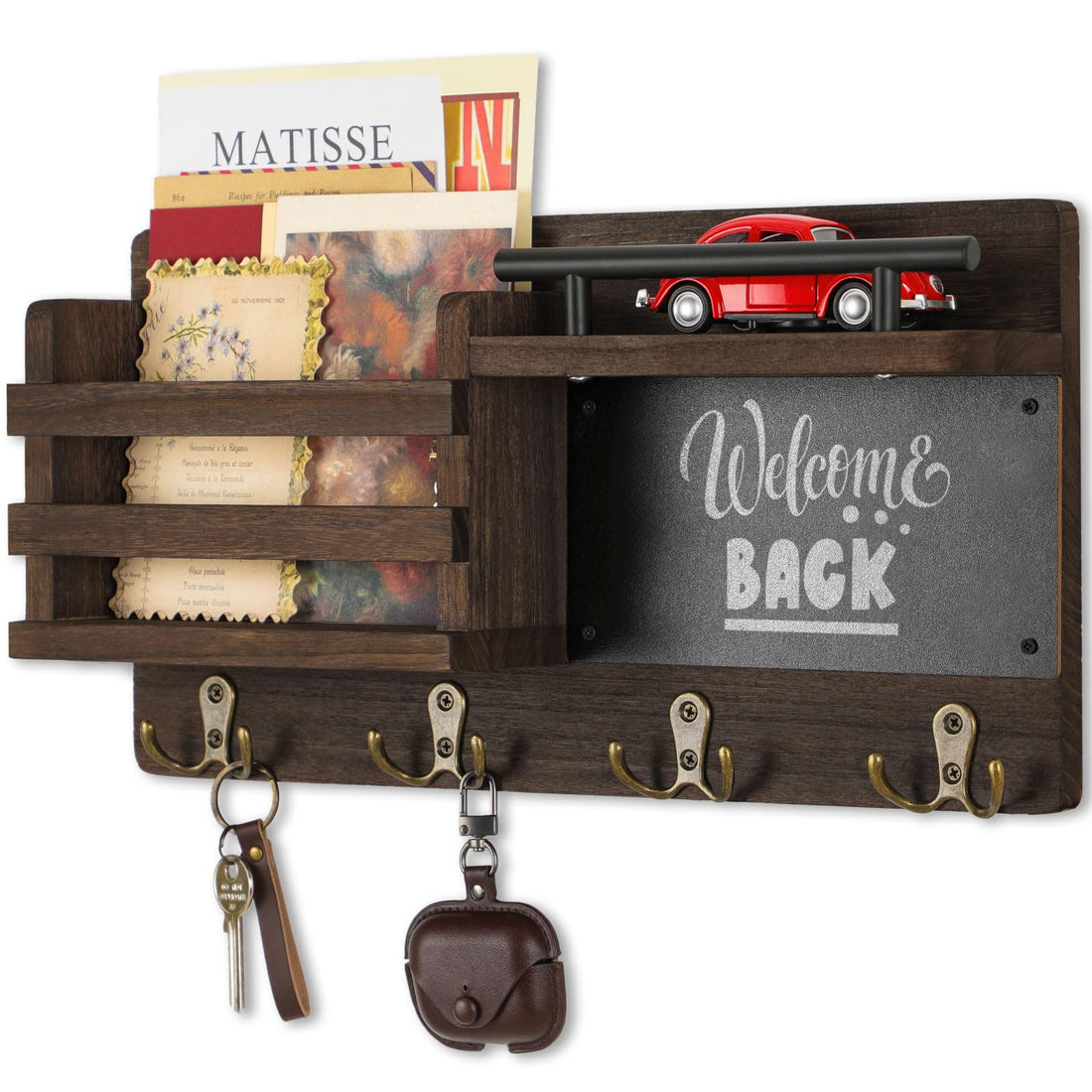 Nekon Wooden Wall Mounted Key & Mail Organizer with Shelf - 16.5" W x 8.6" H x 3.7" D, Dog Leash Hanger, Decorative Entryway/Bedroom Organizer (Brown with Chalkboard)