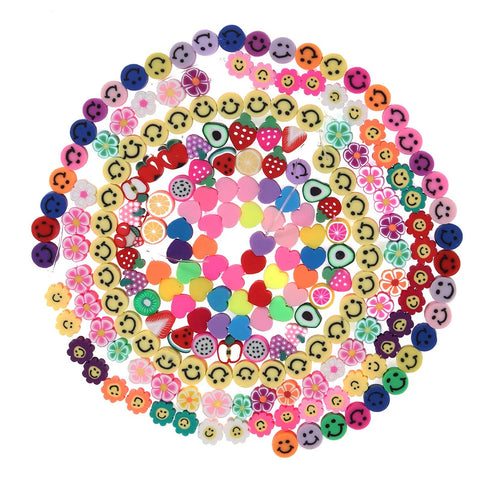LUBINGSHINE 300Pcs DIY Mixed Fruit Smiley Face Love Heart Shape Beads Polymer Clay Flower Beads for DIY Jewelry Making Bracelet Beaded Crafts Hair Accessories( C 6 Styles )