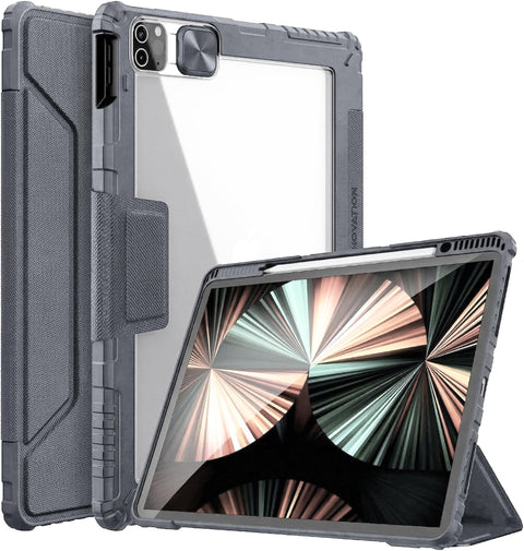 Nopatia Case for iPad Air 11 inch M4/M3/M2, with Slide Camera Cover, Trifold Stand, Clear Shockproof Back, Pencil Holder, Durable Protective Case Cover (Grey)