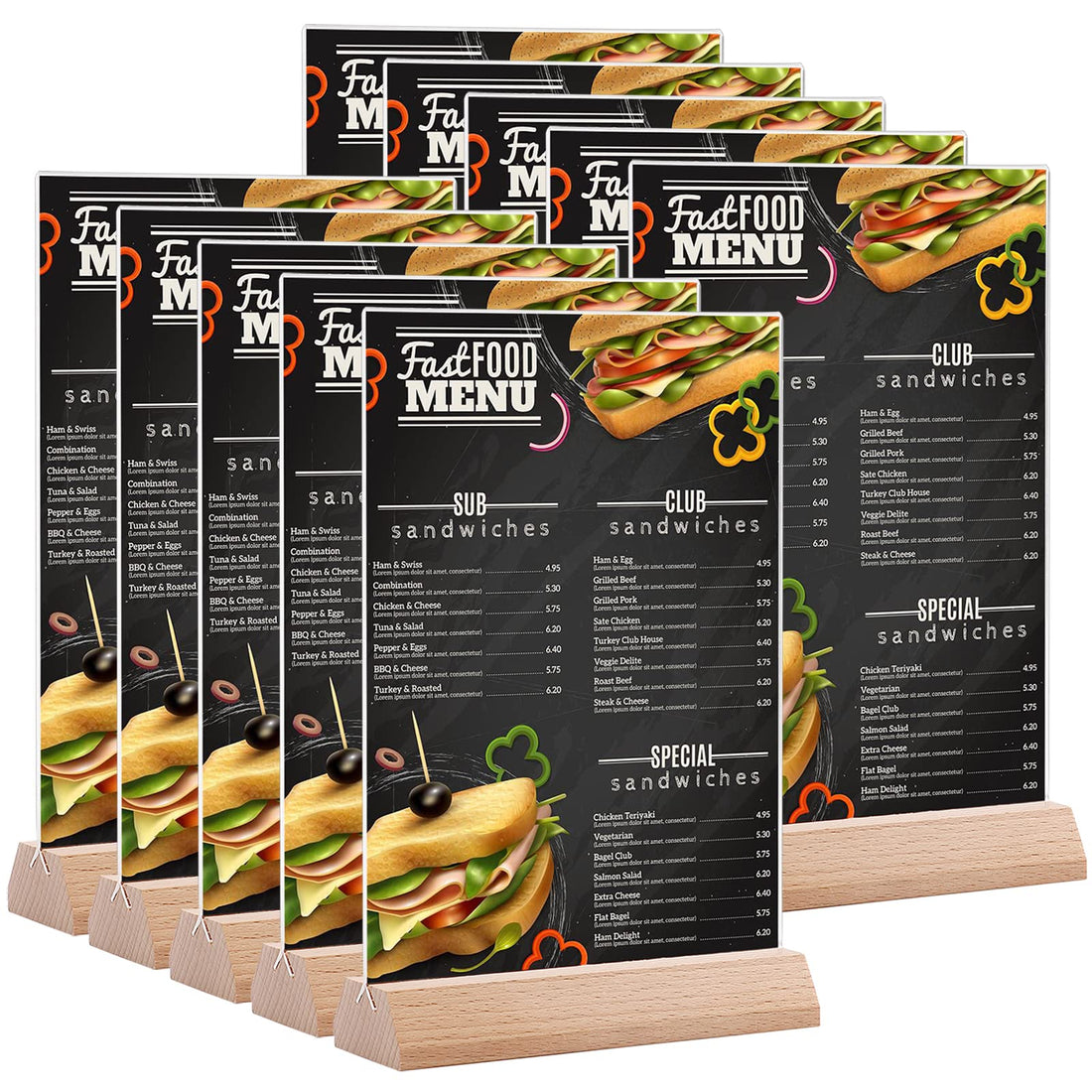 BEST MEDIA A5 Acrylic Sign Holder Table Stands 10 Pack, Double-Sided 23.3 x 15 x 5 cm Display with Wooden Base, Menu and Poster Holder for Restaurant Hotel Office or Events