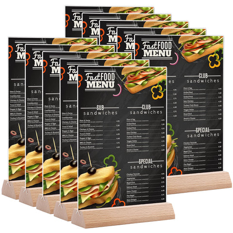 BEST MEDIA A5 Acrylic Sign Holder Table Stands 10 Pack, Double-Sided 23.3 x 15 x 5 cm Display with Wooden Base, Menu and Poster Holder for Restaurant Hotel Office or Events