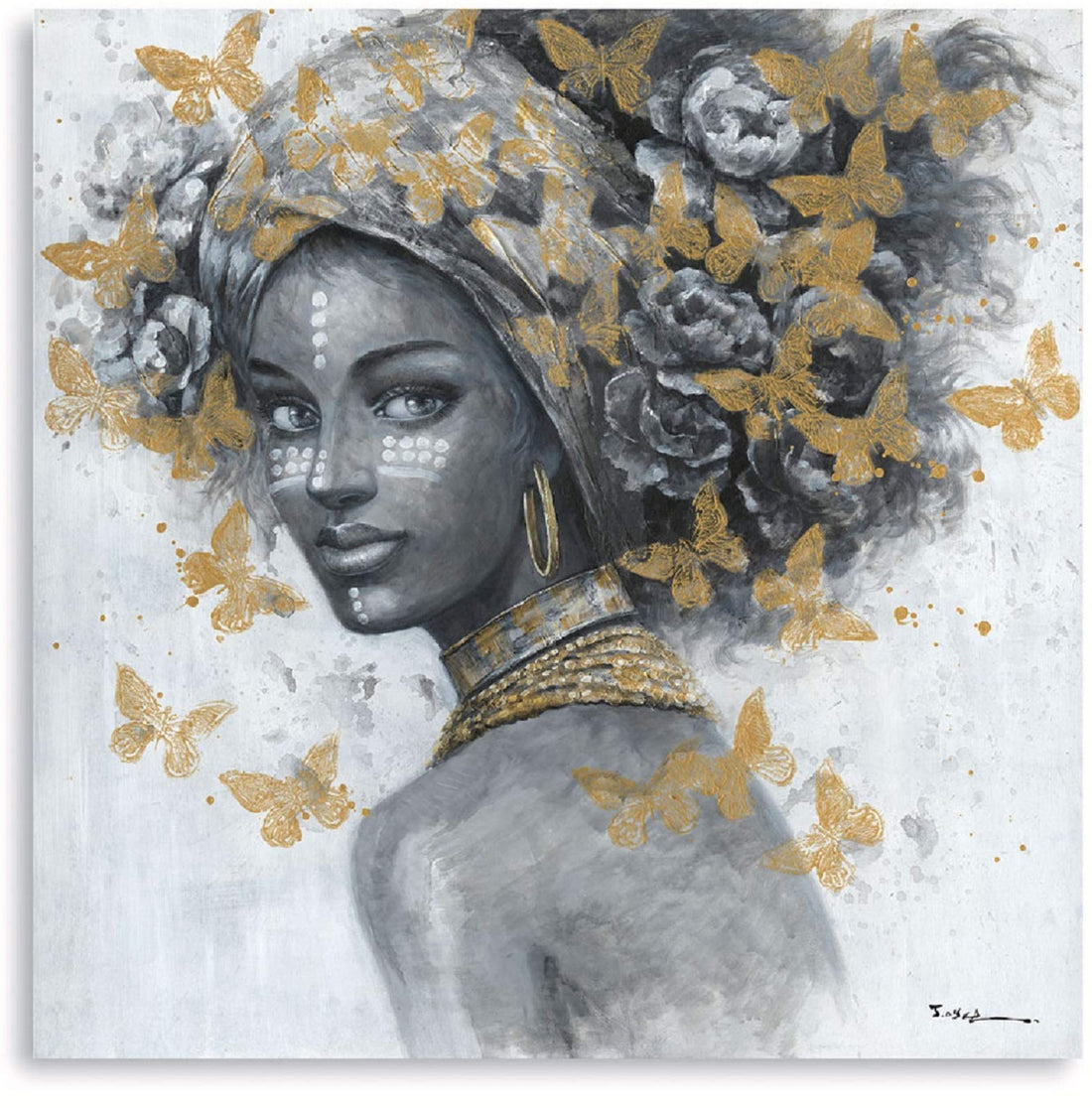 Black Women Art African American Wall Art for Bedroom Black Woman Portrait With Earrings Portrait Picture Golden Butterfly Black And White Canvas Print 12"X12"