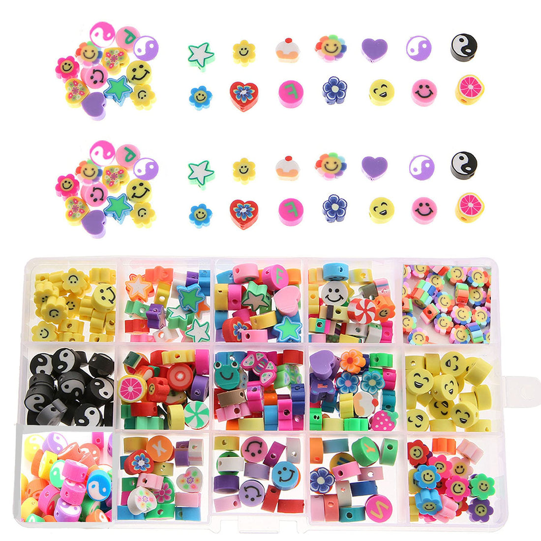 xxue 300pcs Mixed Smiley Colorful Polymer Clay Beads with 15 Styles, Letters, Fruit, yin and yang disc Spacer Beads, Bracelets, Beading Crafts, Hair Accessories, Suitable for Ladies and Girls