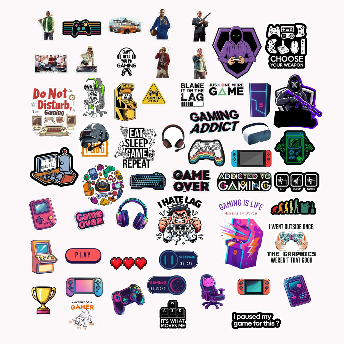 Scentiment 55 Pcs Gaming Stickers Pack – Video Game Aesthetic, Controllers, Consoles, PC Gaming & Funny Gamer Quotes – Waterproof Vinyl Decals for Laptops, Water Bottles, Consoles & Journals