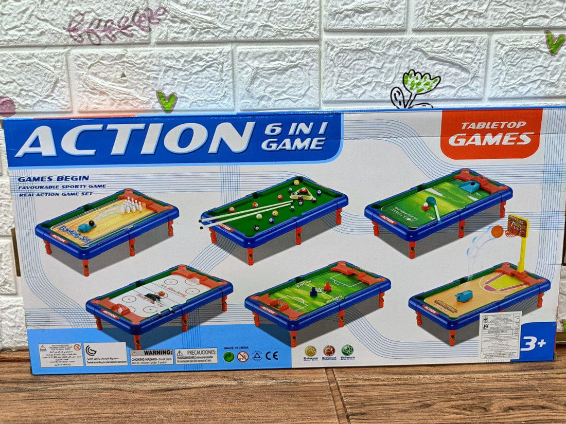 ACTION 6 IN 1 GAME TABLE TOP GAME BILLIARDS,MINIBASKETBALL,AIR HOOKEY,BOWLING,GOLF,MINIFOOTBALL