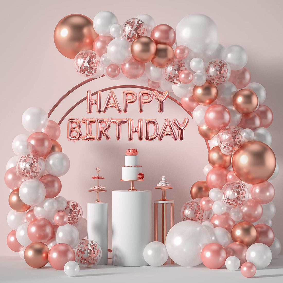 Janinus Rose Gold Balloons Garland Arch Kit - 5+12+18 Inch Rose Gold White Confetti Birthday Balloons Rose Gold Birthday Decorations for Women Girls Princess Engagement Wedding Party Decorations
