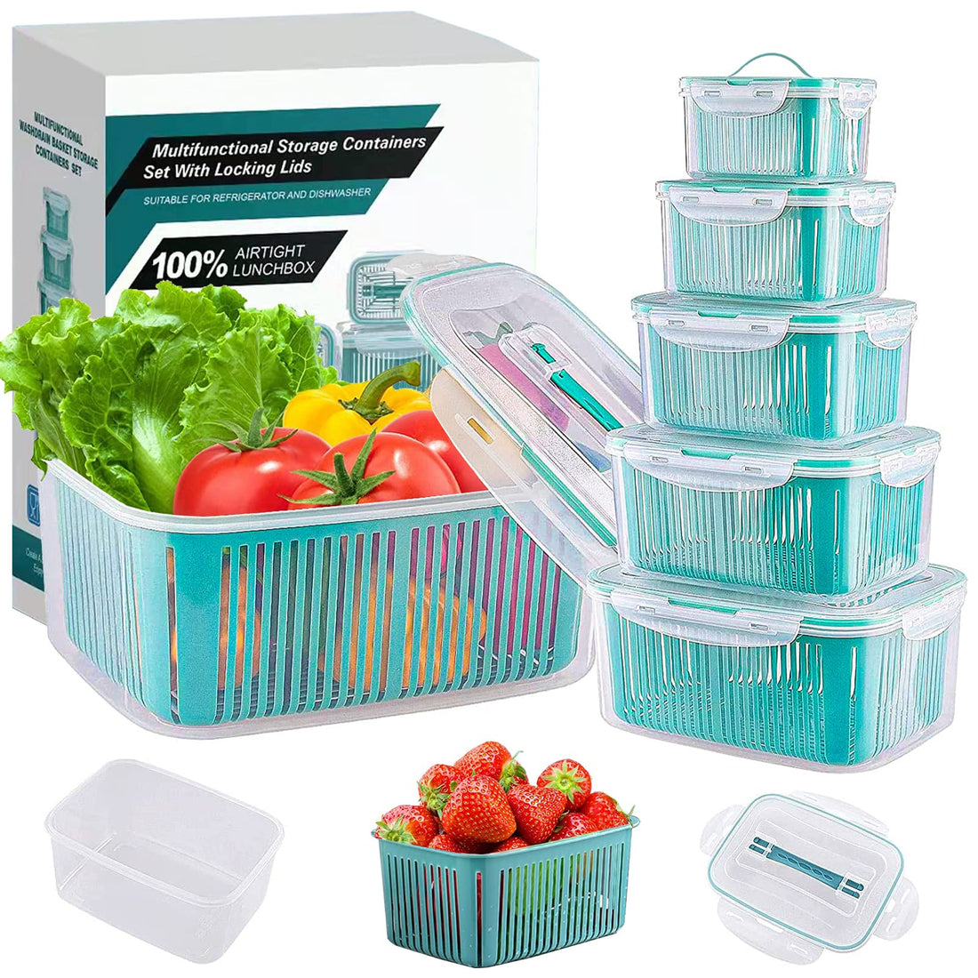Food Storage Containers for Fridge,5 Pack Stackable Refrigerator Organizer Bins,Vegetable Fruit Storage Containers with Drain Baskets,Plastic Produce Saver Containers For Fruit Salad in Refrigerator
