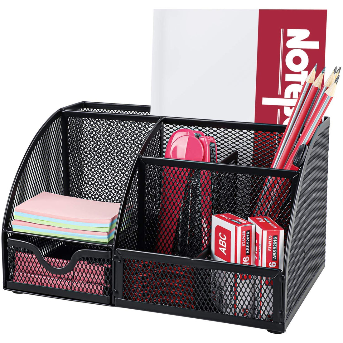 Pipishell Mesh Desk Organizer Multifunctional Desktop Office Supplies Holder with 6 Compartments and 1 Drawer for Home School Classroom