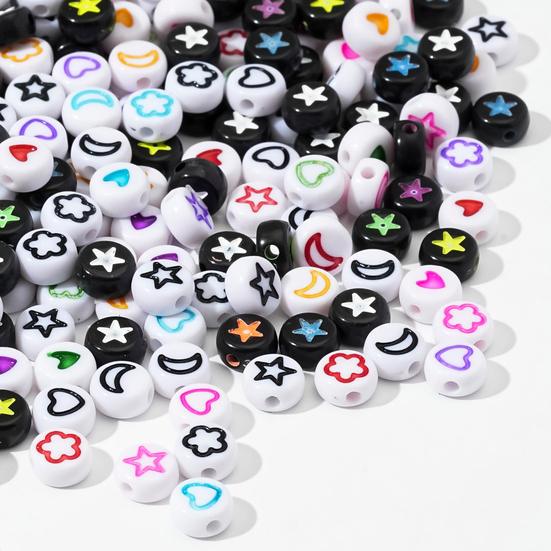 500 Pieces Beads for Threading Heart Beads Star Beads Flower Pearl Moon Pearl Colourful Acrylic Beads for DIY Jewellery Making Bracelets Necklaces Key Ring (Moon)