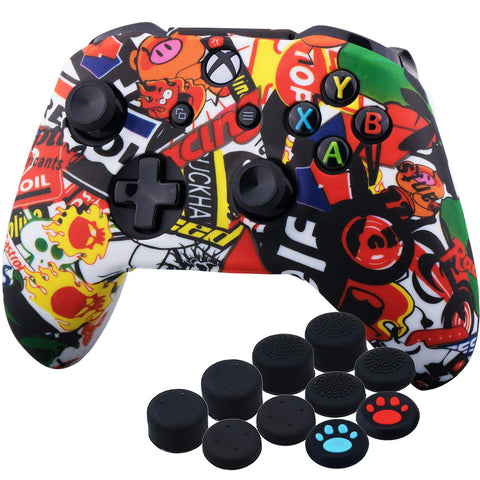 YoRHa Printing Rubber Silicone Cover Skin Case for Xbox One S/X Controller x 1(Skull Graffiti II) with Thumb Grips x 10