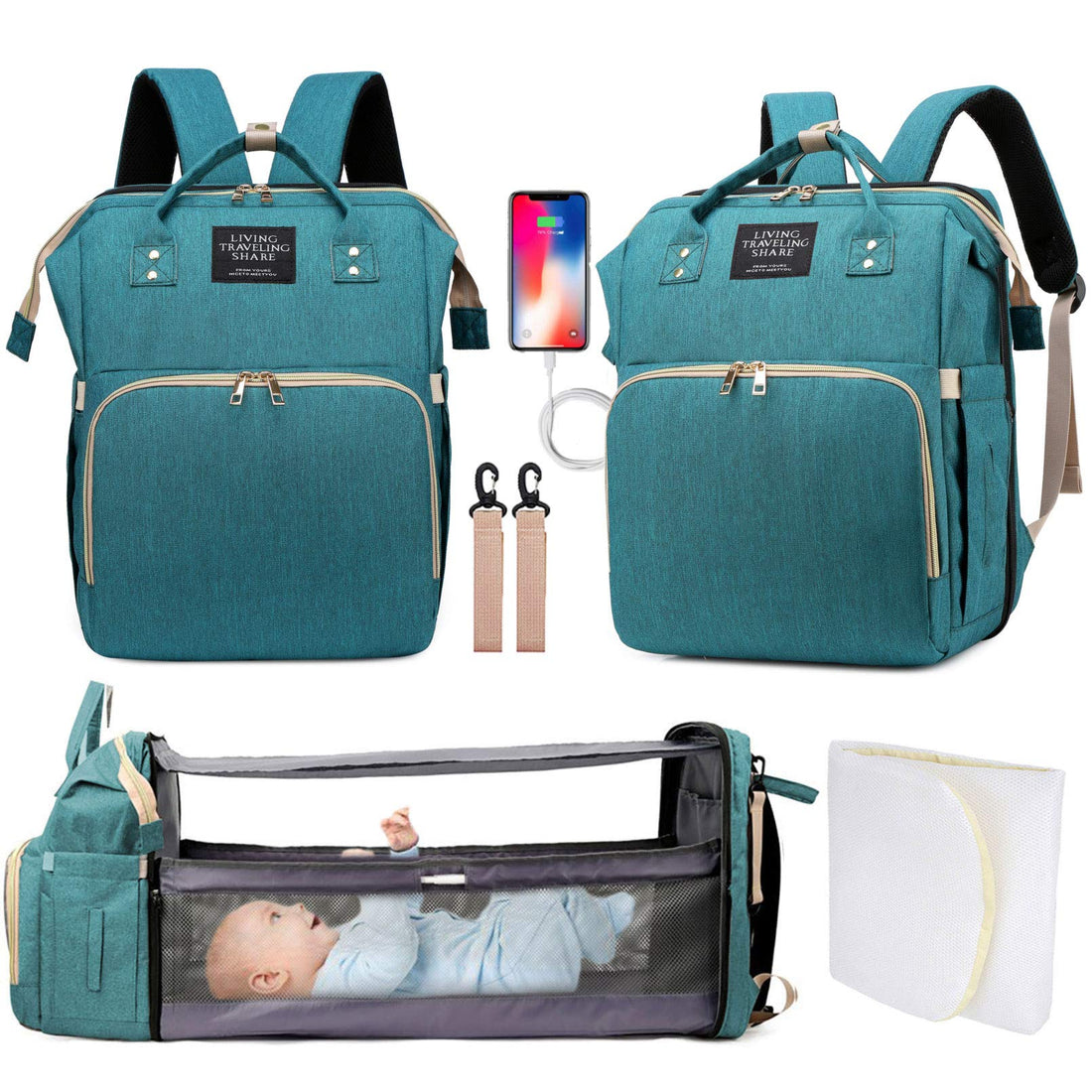 Diaper Bag Backpack with Changing Station, Large Capacity Travel Bag for Baby with Foldable Bed, Portable Changing Pad, Bassinet Crib for Mom, Dad, Girls, Boys (Green)