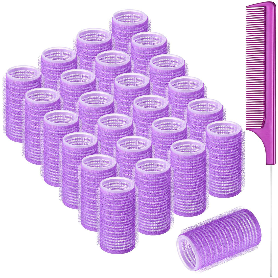 25 Pieces Hair Rollers Set, Includes 24 Pieces Self Grip Hairdressing Curlers Self Holding Rollers and Stainless Steel Pintail Comb Rat Tail Comb for DIY Hair Salon (3 cm, Dark Purple)