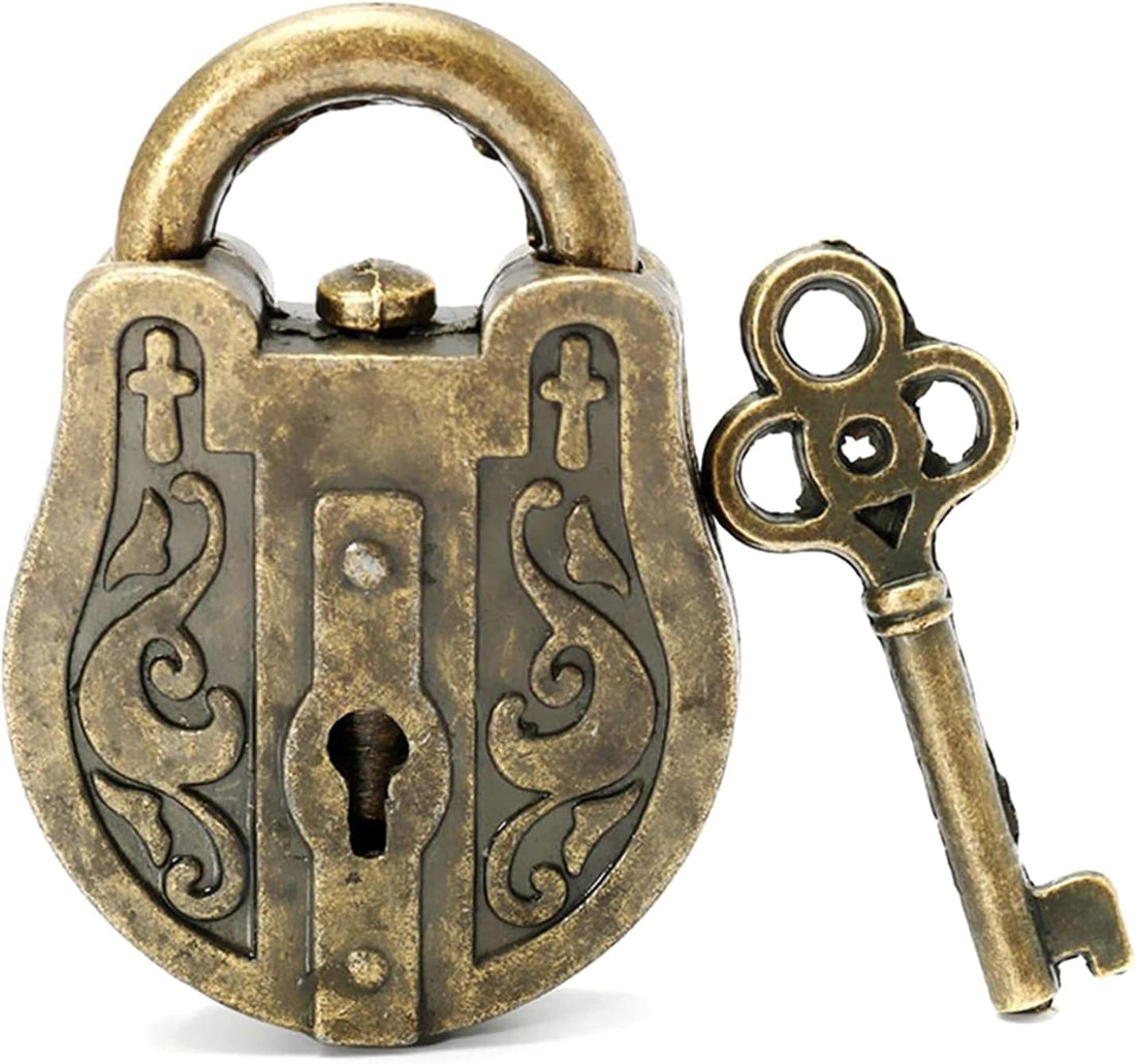 Antique Lock Decorative Traditional Lock with Key,Antique Style,Bronze,Classic Embossed Design-Key Unlock Puzzle Toys