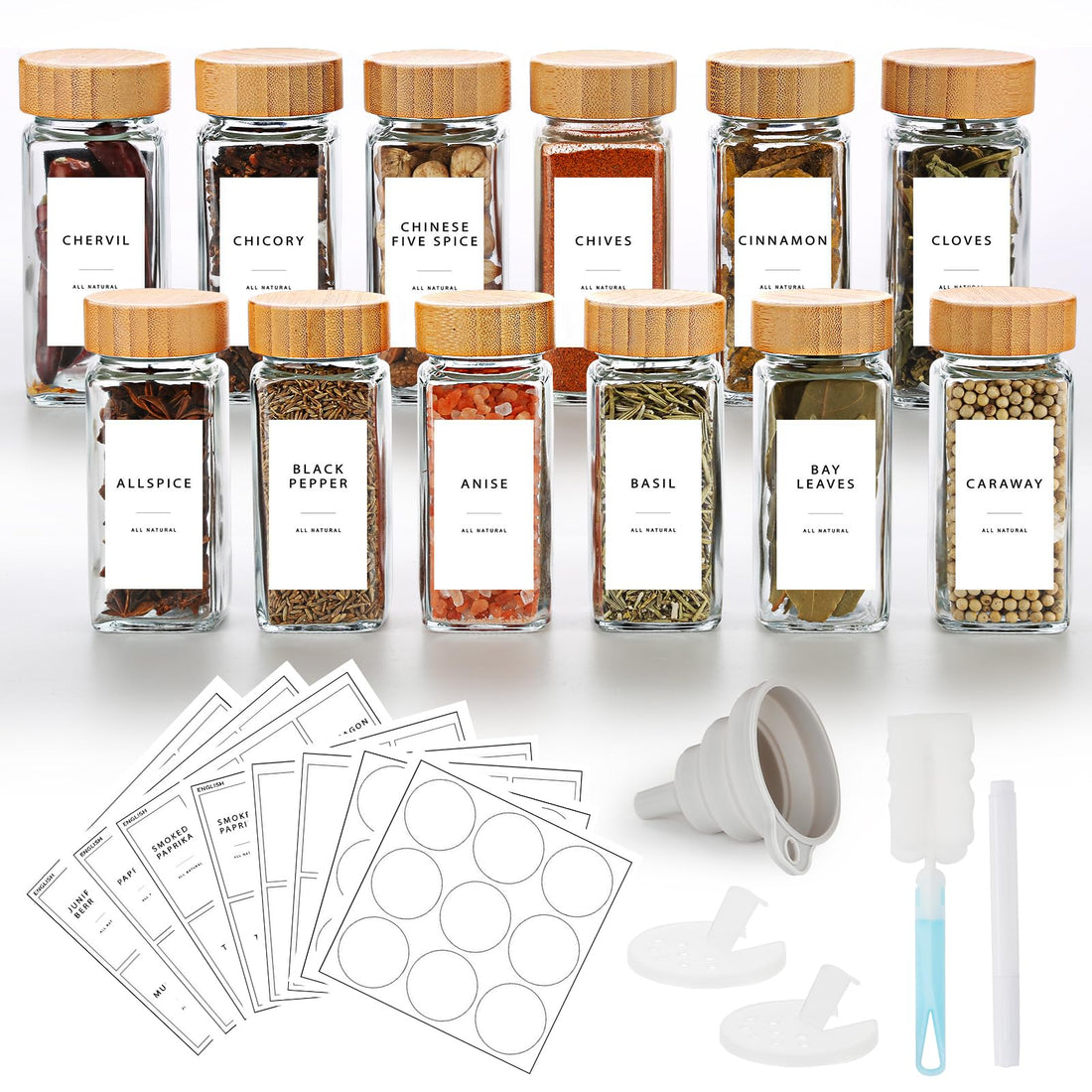 Lannvan Square Spice Jars Set [12 x 120 ml] with Bamboo Lid, Spice Jars with 246 Labels, Spice Shaker Spice Jars Spice Container with Funnel, Empty Stickers, Cleaning Brush, Sieves