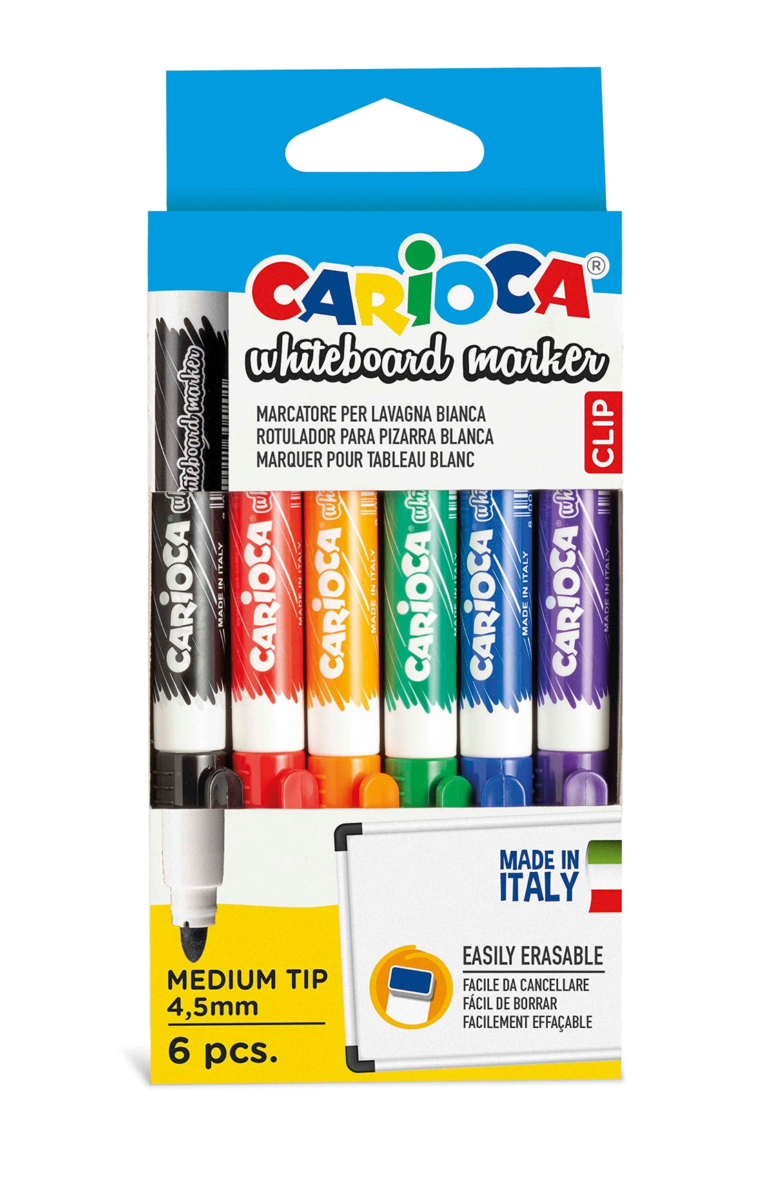 Carioca clip erasable whiteboard markers - assorted colours (pack of 6)