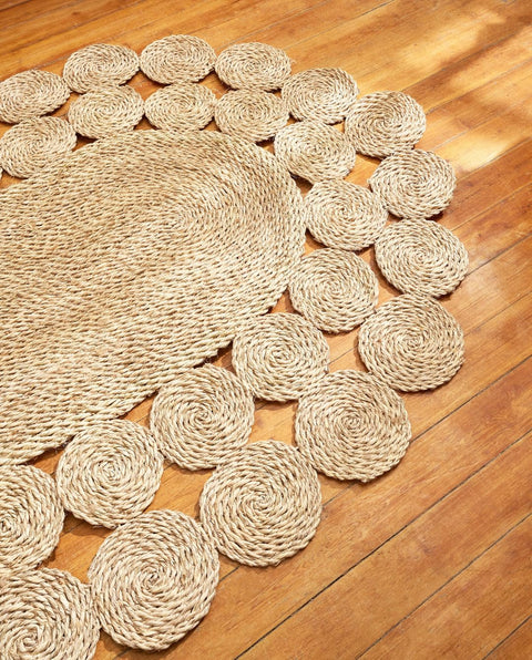 Handwoven Seagrass Area Rug, Natural Brown, Round Spiral Design, 170 x 120 cm