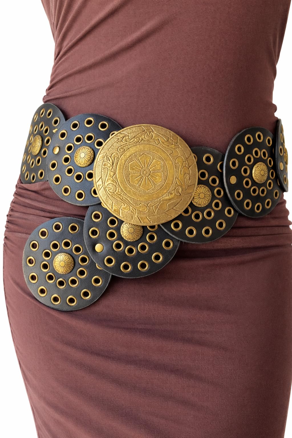 Women’s Black Faux Leather Disc Belt with Large Antique Gold Engraved Medallion – Adjustable Statement Cowboy Wait Belt