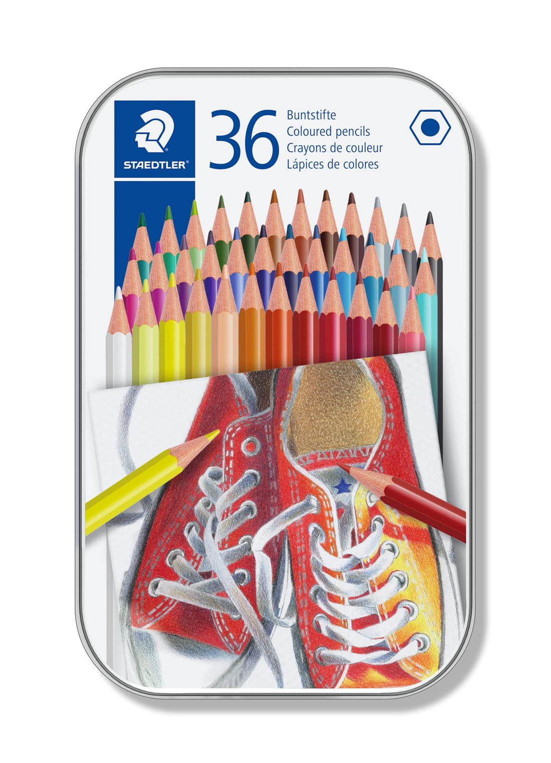 Staedtler hexagonal coloured pencils with metal case, 36 pieces - multi color