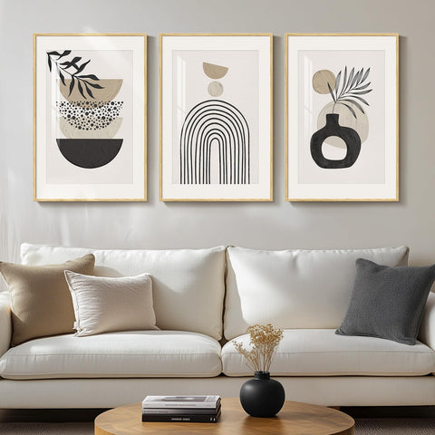 Framed Boho Neutral Wall Art for Living Room, Large Beige Bohemian Canvas Wall Decor for Bedroom, 3 Piece Mid Century Minimalist Geometric Pictures Prints Artwork for Bathroom Kitchen Walls, 16x24 In