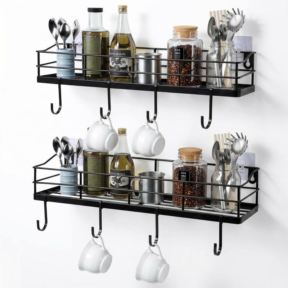 Lyeasw Metal Black Floating Shelves Wall Mounted with 8 Removable Hanging Hooks, 15-Inch Iron Adhesive Shower Shelf Organizer for Bathroom Kitchen Storage Rack, Set of 2