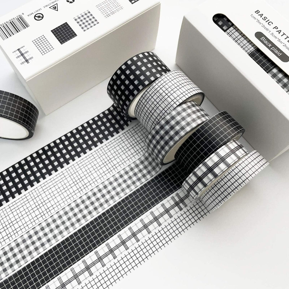 Black and White Washi Tape Set, Basic Plaid and Grid Patterns, Decorative Masking Tape for Journaling and Crafts